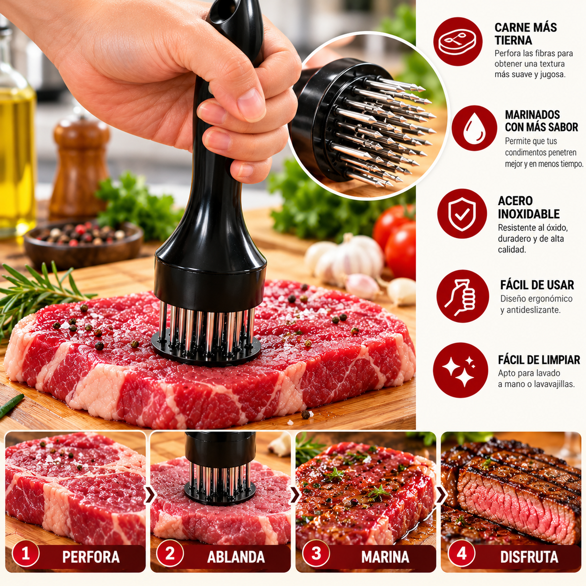 SoftGrill x2 – Ablandador de Carne de Acero Inoxidable con 24 Agujas